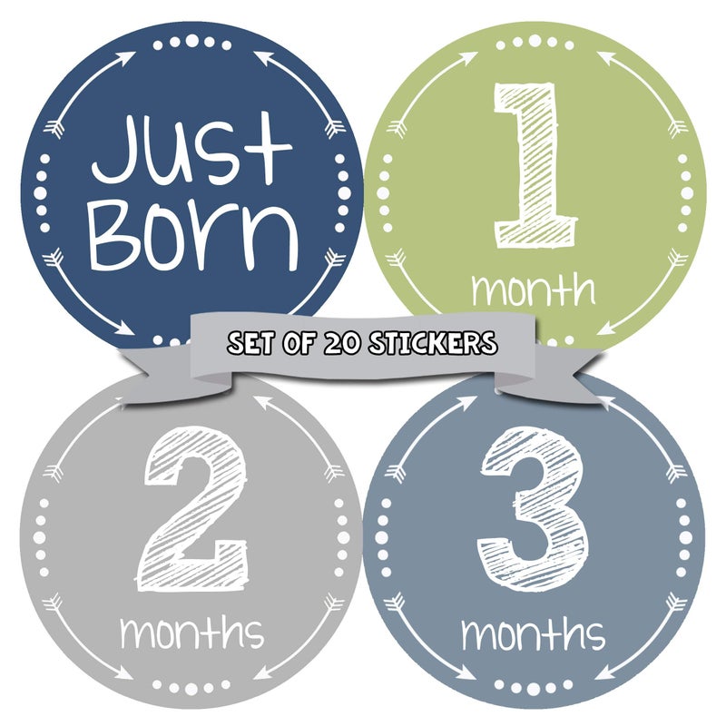 Months in Motion Baby Monthly Stickers - Baby Milestone Stickers - Newborn Boy Stickers - Month Stickers for Baby Boy - Baby Boy Stickers - Newborn Monthly Milestone Stickers - Set of 20 - Image 1